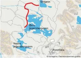  ??  ?? Turstien som nå bygges, skal binde sammen to populære områder i Jegersberg. Den vil gå mellom Stitjønn og Øvre Jegersberg­vann.