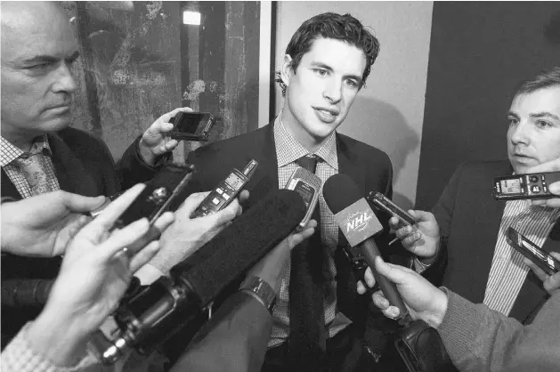  ?? MARY ALTAFFER/ THE ASSOCIATED PRESS ?? Pittsburgh Penguins’ Sidney Crosby speaks to reporters Thursday in New York. The NHL has rejected the players’ latest offer and negotiatio­ns have broken off.