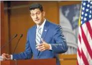  ?? ASSOCIATED PRESS FILE PHOTO ?? House Speaker Paul Ryan, R-Wis., is urging moderate House Republican­s to not sign a petition triggering votes later this month on four immigratio­n bills.