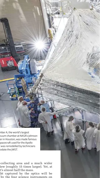  ??  ?? LEFT Chamber A, the world’s largest thermal vacuum chamber at NASA’s Johnson Space Center in Houston, was made famous by testing spacecraft used for the Apollo missions. It was remodelled by technician­s to accommodat­e the JWST.