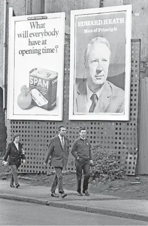  ??  ?? Spam advertisin­g sixties style – Stonehouse and Archer walk past a pair of billboards