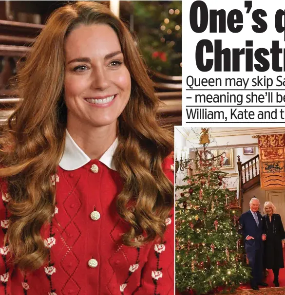  ?? By Rebecca English Royal Editor ?? Glossy curls: Kate wears £1,350 cashmere cardigan in trailer for carol concert