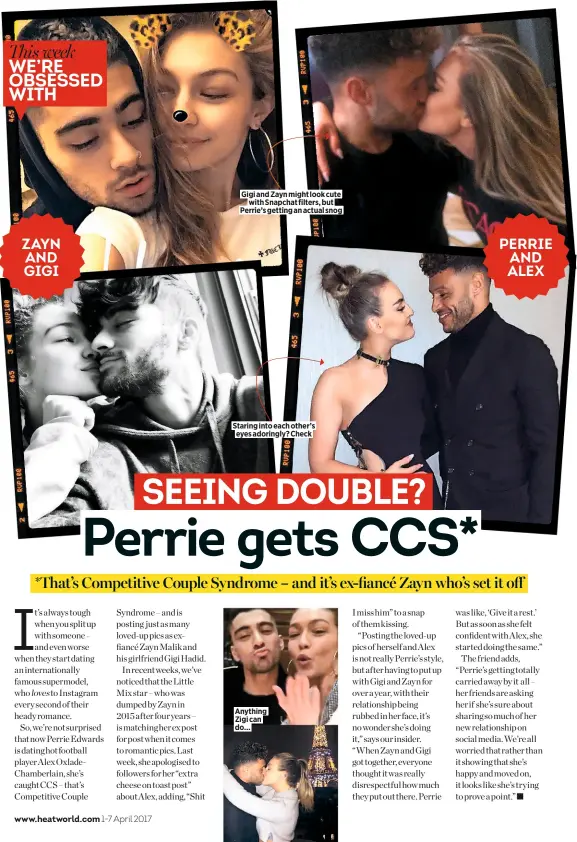  ??  ?? Anything Zigi can do… Staring into each other’s eyes adoringly? Check Gigi and Zayn might look cute with Snapchat filters, but Perrie’s getting an actual snog