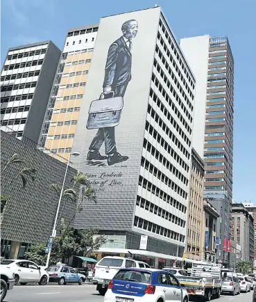  ?? Picture: Jackie Clausen ?? The 600m² mural of Anton Lembede on a Durban building that is the centre of a row about rent unpaid by lawyers.