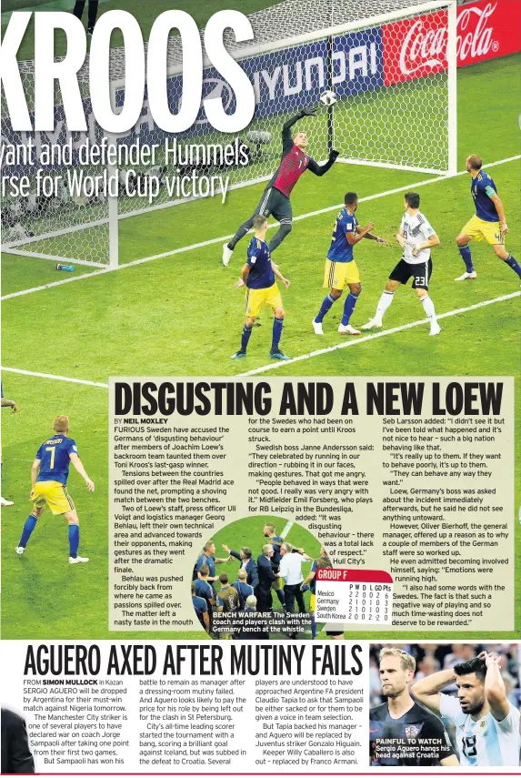  ??  ?? BENCH WARFARE The Sweden coach and players clash with the Germany bench at the whistle PAINFUL TO WATCH Sergio Aguero hangs his head against Croatia