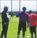  ?? Michael Gehlken ?? Las Vegas Review-journal Running back Marshawn Lynch speaks to a prep player at a 7-on-7 passing tournament that the Raiders hosted Thursday.