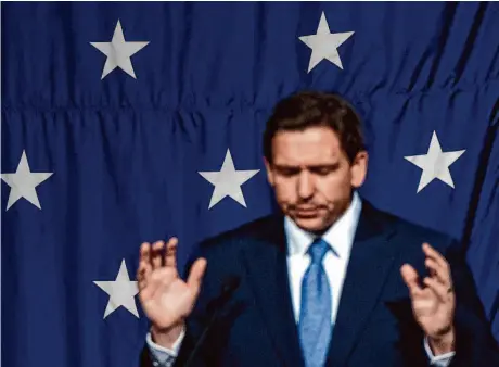  ?? Haiyun Jiang/New York Times ?? Gov. Ron DeSantis privately told his supporters Thursday that he would be able to win the presidency against Joe Biden.