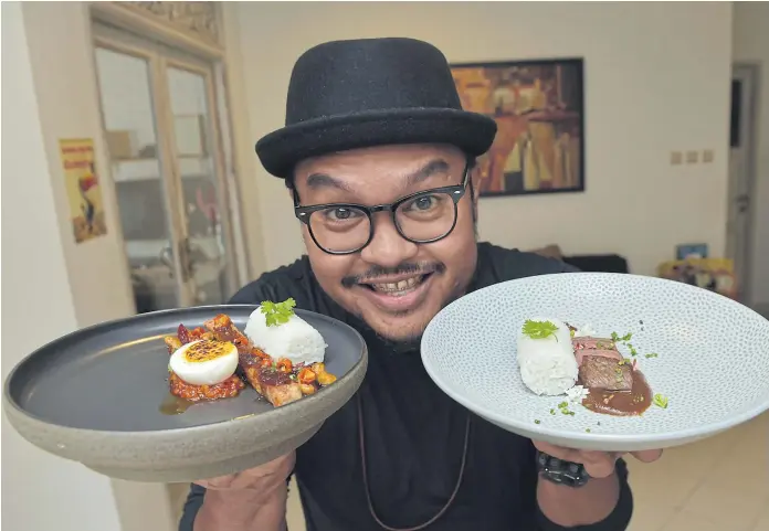  ??  ?? HUMBLE HAUTE CUISINE: Indonesian food stylist Dade Akbar, pictured with some of his creations, quit his day job as an advertisin­g agency art director to become a full-time chef.