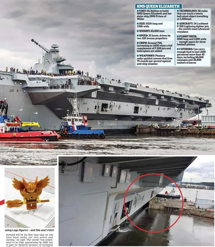  ??  ?? Tight fit: The warship inches past a jetty wall, circled, with a gap of just 14 inches as she finally leaves the dockyard in Rosyth