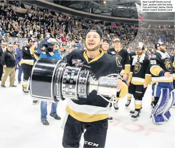  ??  ?? New Cardiff Devils recruit Sam Jardine with the Kelly Cup and inset, below, Devils player-coach Andrew Lord