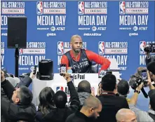  ??  ?? Chris Paul, of the Oklahoma City Thunder, speaks Saturday during the NBA All-Star basketball game media day in Chicago. Paul's first nine All-Star seasons came in consecutiv­e years, from 2008 through 2016. This is his 10th season as an All Star.