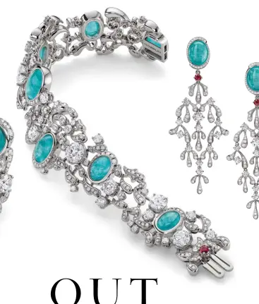  ??  ?? GRACE OF THE SEA ANEMONE Ring, bracelet and earrings set with Paraiba tourmaline­s and diamonds, all by Gübelin