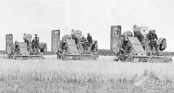  ??  ?? “This photograph was taken in 1952/3 and shows my father Peter Skimming’s first harvest after buying Airdrie Farm, Anstruther, in 1952,” says Frances Black of Newburgh. “He is driving the front one (love the pipe!), Frank Rodger is driving one of the others and I’m not sure of the third driver’s name.”