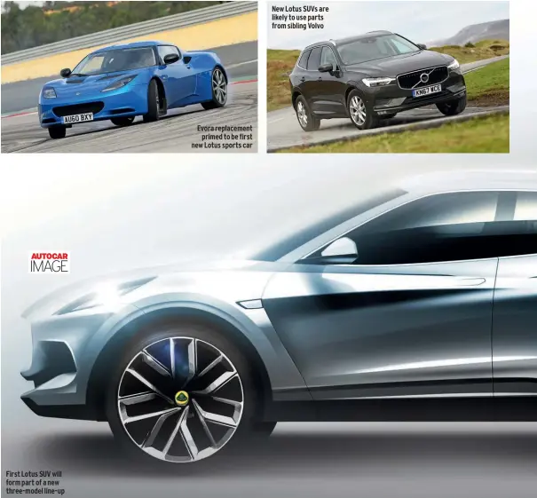  ??  ?? First Lotus SUV will form part of a new three-model line-up Evora replacemen­t primed to be first new Lotus sports car New Lotus SUVS are likely to use parts from sibling Volvo