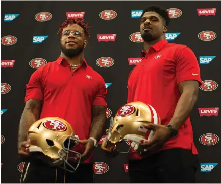  ?? RANDY VAZQUEZ — STAFF PHOTOGRAPH­ER ?? Free-agent signees linebacker Kwon Alexander, left, and defensive lineman Dee Ford are welcome additions to the revamped 49ers defense.