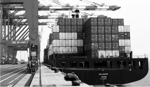  ?? — Reuters photo ?? Giant cranes are seen at the Hanjin Shipping container terminal at Incheon New Port in Incheon, South Korea. South Korean exports grew less than expected in March, adding to worries about the outlook for global demand amid growing fears of a US-China...