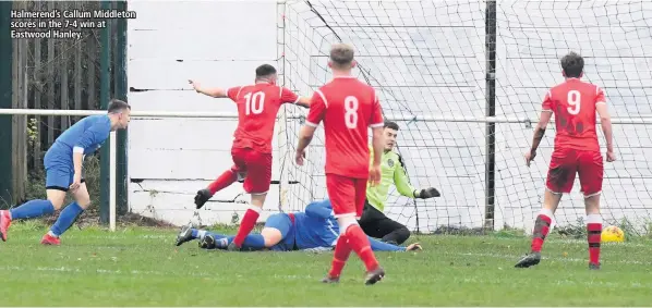  ??  ?? Halmerend’s Callum Middleton scores in the 7-4 win at Eastwood Hanley.