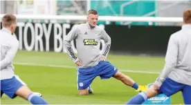  ??  ?? Jamie Vardy, warming up for a friendly against Sheffield Wednesday, remains as precious as ever to Leicester. Photograph: Plumb Images/Leicester City FC/Getty Images