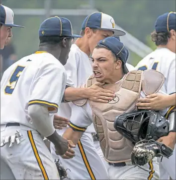  ?? Steph Chambers/Post-Gazette ?? Central Catholic catcher Vincenzo Rauso reacts after an inning-ending out in the Vikings’ WPIAL Class 6A second-round win against Butler.