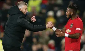  ?? Photograph: Lynne Cameron/EPA ?? Manchester United’s manager, Ole Gunnar Solskjaer celebrates the win over Tottenham with Fred.