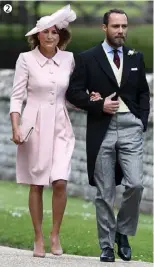  ??  ?? ABOVE LEFT: Proud big sister Kate opted for an understate­d peach Alexander McQueen ensemble, giving Pippa the opportunit­y to shine in her brilliant white gown. 1 James’ uber-rich parents, David and Jane Matthews. 2 Pippa’s mom, Carole Middleton, was...