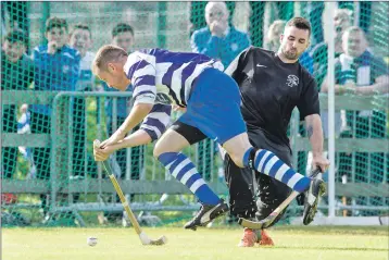  ?? Photo: Neil Paterson ?? No way through for Newtonmore’s Norman Campbell as he’s blocked by Oban Camanachd keeper Gavin Stobbart.