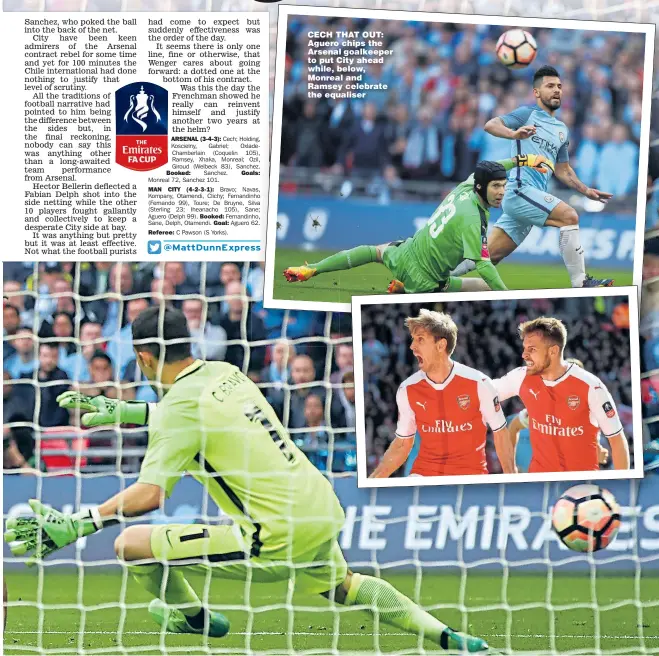  ?? Main picture: NICK POTTS ?? CECH THAT OUT: Aguero chips the Arsenal goalkeeper to put City ahead while, below, Monreal and Ramsey celebrate the equaliser