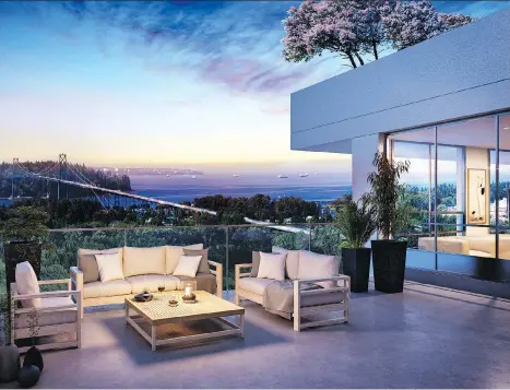  ??  ?? An artist’s rendering of a penthouse terrace shows Lions Gate Bridge in the distance. The project boasts impeccable views and large balconies.