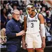  ?? Jessica Hill/Associated Press ?? UConn coach Geno Auriemma talks with Aaliyah Edwards during the Big East tournament final.