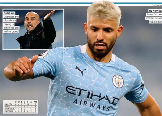  ?? PICTURE: PA ?? No let-up: Guardiola and his side are hoping to clinch top spot in their group
No worries: Aguero’s knee problem is said to be minor