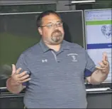  ?? Lori Van Buren / Times Union ?? Superinten­dent Joseph Kardash led a public hearing on Rensselaer’s budget proposal earlier this month. The district’s revised budget plan is up for approval on Tuesday.