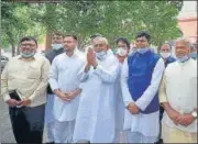  ?? PTI ?? CM Nitish Kumar, Opposition leader Tejashwi Yadav and other members of delegation in New Delhi on Monday.