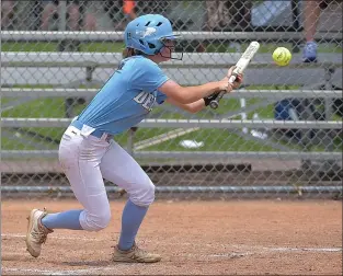  ?? PETE BANNAN – MEDIANEWS GROUP ?? Delco’s Haley McMenamin of Ridley bunts her way on base and knocks in a run in the second inning of an 18-6 win over the Catholic League Monday in Carpenter Cup play. McMenamin went 3-for-4and delivered the go-ahead, two-run triple in the seventh inning of Delco’s 6-3victory over Berks/Lancaster-Lebanon later in the day.