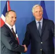  ??  ?? UK Brexit Secretary Dominic Raab and EU Brexit chief negotiator Michel Barnier