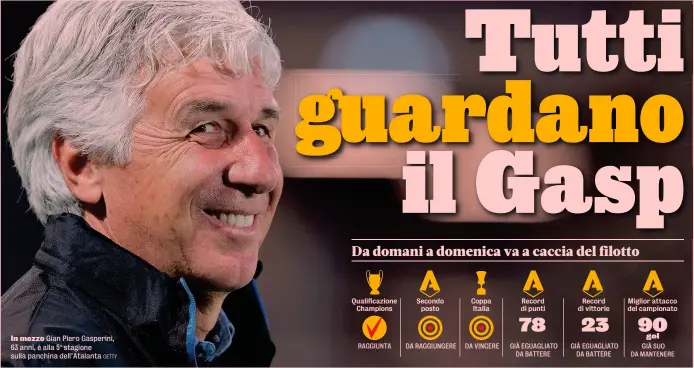  ?? GETTY ?? In mezzo Gian Piero Gasperini, 63 anni, è alla 5a stagione sulla panchina dell’Atalanta