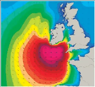  ??  ?? RED ALERT: Map showing the path of the huge storm set to sweep in tomorrow