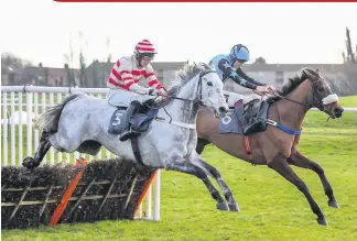  ??  ?? Storming run Johnbb ( blue silks) fends off the challenge of Glinger Flame to win the maiden hurdle