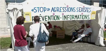  ??  ?? Taking a stand: An informatio­n booth raising awareness on sexual assault and street harassment of women during the 81st Bayonne Festival (Fetes de Bayonne) in Bayonne, southweste­rn France, on July 27. The conspiracy of silence around sexual harassment...