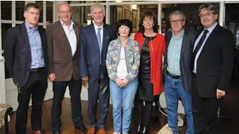  ?? Photo by Fergus Dennehy. ?? Conor Brosnan, Barry O’ Sullivan, Liam Purtell, Bridget Purtell, Joanna O’ Flynn, Billy Keane and Fergal Keane at the launch of Fergal Keane’s new book ‘Wounds’ on Friday night.