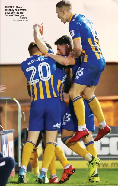  ?? PICTURE: AMA Sports Photo ?? CHEERS: Shaun Whalley celebrates after scoring the Shrews’ first goal