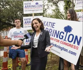  ?? KATHRYN ZIESIG / THE (CHARLESTON, S.C.) POST AND COURIER ?? South Carolina state Rep. Katie Arrington campaigns Tuesday after voting for herself in the primary at Bethany United Methodist Church in Summervill­e, S.C. She narrowly defeated incumbent U.S. Rep. Mark Sanford.