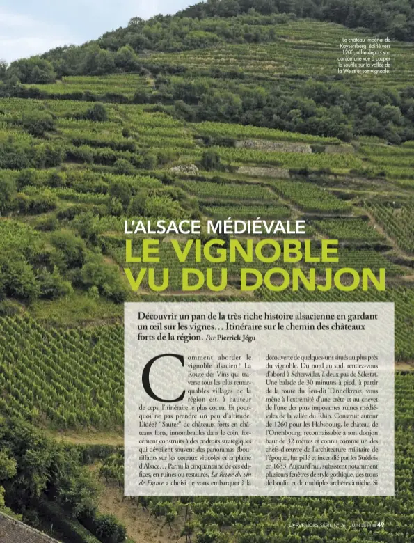  ??  ?? Le château impérial de Kaysersber­g, édifé vers 1200, offre depuis son donjon une vue à couper le souffe sur la vallée de la Weiss et son vignoble.