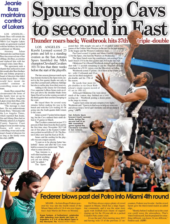  ?? ASSOCIATED PRESS ?? San Antonio Spurs forward Kawhi Leonard dunks during the second half of an NBA basketball game against the Cleveland Cavaliers in San Antonio.