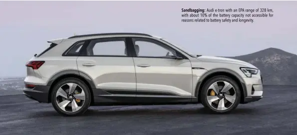  ??  ?? Sandbaggin­g: Audi e-tron with an EPA range of 328 km, with about 10% of the battery capacity not accessible for reasons related to battery safety and longevity.