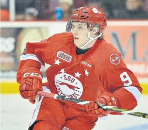  ?? TERRY WILSON/OHL IMAGES ?? Defenceman Rasmus Sandin played his junior in Kyle Dubas’s old stomping grounds, Sault Ste. Marie, and has a puck-possession style that the Leafs general manager favours.