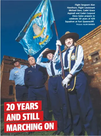  ?? Picture: ALAN BARBER ?? Flight Sergeant Alan Hawthorn, Flight Lieutenant Michael Dare, Cadet Grace Aspinall and Cadet Corporal Kiera Galan prepare to celebrate 20 years of 429 Squadron at Fort Queensclif­f.