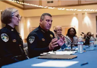  ?? Michaela Vatcheva/Special to the Chronicle 2022 ?? Police Chief Ignacio Navarro discusses analyses of data from the state’s Racial and Identity Profiling Advisory Board at a Mill Valley City Council meeting.