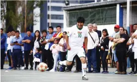  ?? Marcos Brindicci/Getty Images ?? Evo Morales playing a football match in Buenos Aires on Christmas Day in 2019. Photograph: