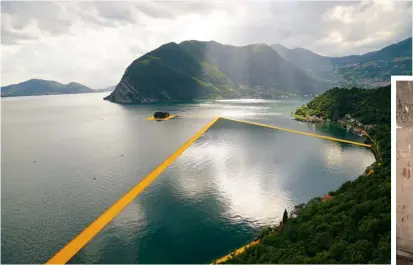  ??  ?? WALKING ON WATER Left: Christo laid The Floating Piers on Italy’s Lake Iseo last year. Below: The 81-year-old artist at work on the project