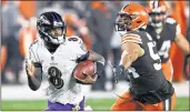  ?? /RON SCHWANE/AP ?? Baltimore Ravens quarterbac­k Lamar Jackson (8) rushes during the first half against the Cleveland Browns on Dec. 14, 2020.